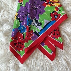 Vintage 1980s Color Block Floral Silk Scarf – Bright Retro 30x30 ❤️💜💛💚